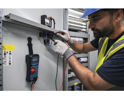 Électricien mesure la tension sur un tableau électrique avec un multimètre