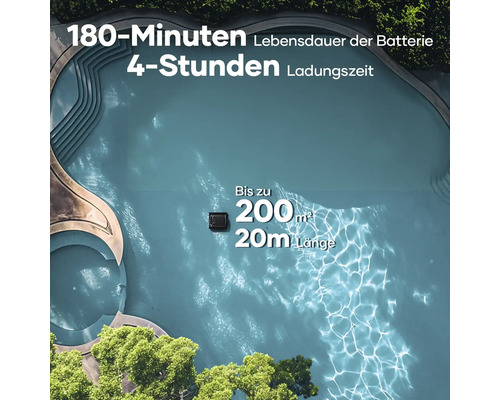 Vue plongeante sur une piscine avec un robot de nettoyage de piscine, qui a une autonomie de batterie de 180 minutes, un temps de charge de 4 heures et une portée allant jusqu''à 200 mètres carrés et 20 mètres de long.