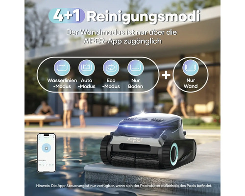 Robot de nettoyage de piscine Aiper avec différents modes de nettoyage, contrôlable via une application.