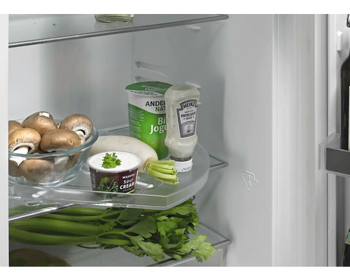 Innenraum eines Kühlschranks mit Lebensmitteln wie Champignons, Joghurt, Knoblauchsoße und Sellerie