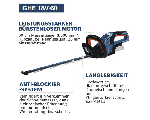 Akkubetriebene Heckenschere GHE 18V-60 mit bürstenlosem Motor, 60 cm Messerlänge und Anti-Blockier-System