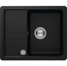 Schwarzes Spülbecken aus Stein mit Abtropffläche und Siebkorb