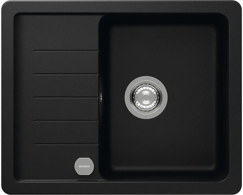 Schwarzes Spülbecken aus Stein mit Abtropffläche und Siebkorb