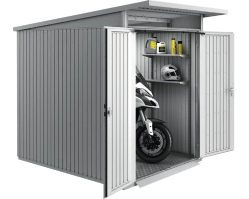 Abri de jardin métallique avec portes ouvertes, moto et étagères