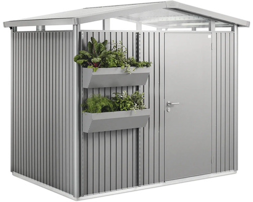 Metall Gerätehaus mit Tür und zwei Pflanzkästen