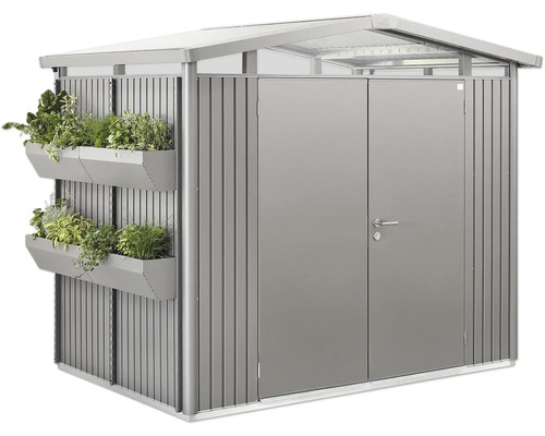 Abri de jardin métallique avec jardinières et double porte