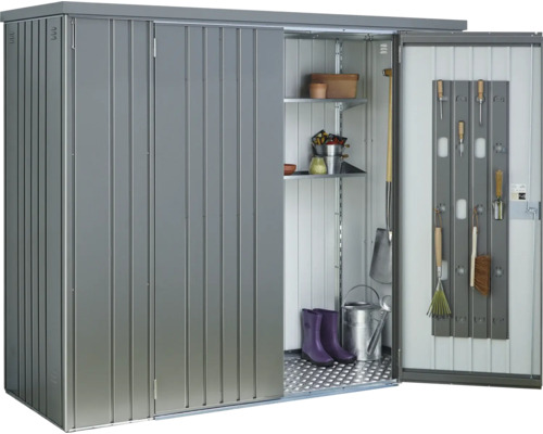 Armoire de jardin en métal avec étagères et outils