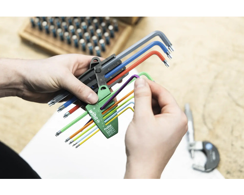 Person hält einen Satz farbiger Wiha Sternschlüssel in der Hand