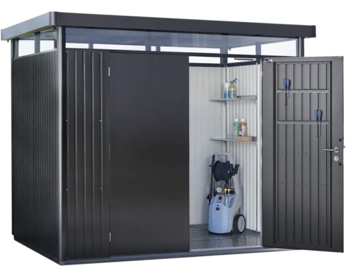 Metall Gerätehaus mit Schiebetür und Regalen zur Aufbewahrung von Gartengeräten