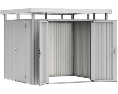 Metall Gerätehaus mit zwei Türen, davon eine geschlossen