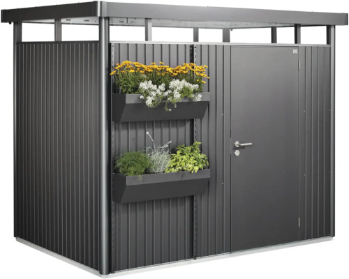 Metall Gerätehaus mit Tür und Blumenkästen