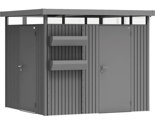 Abri de jardin métallique avec porte et étagères