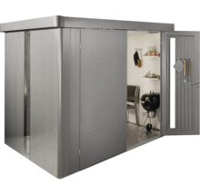 Abri de jardin métallique avec porte ouverte et barbecue