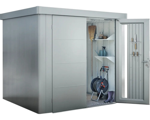 Armoire de jardin avec porte coulissante, étagères et support à outils pour ranger les outils de jardin