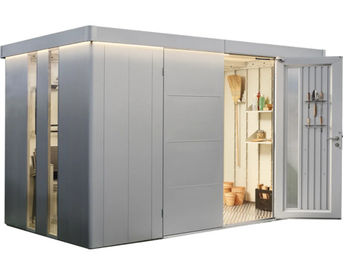 Armoire de jardin avec porte ouverte, étagères et outils de jardin