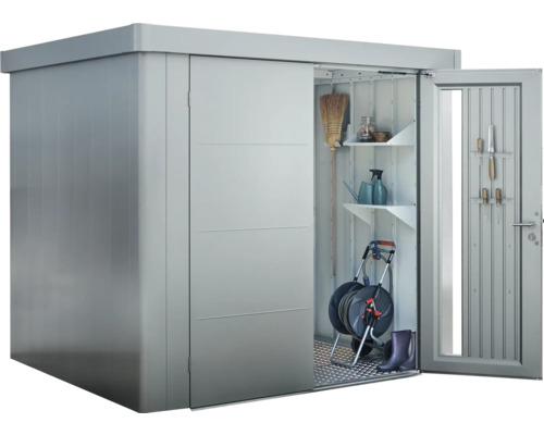 Abri de jardin métallique avec porte coulissante et outils de jardinage