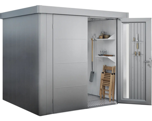 Abri de jardin avec porte coulissante et étagères pour ranger les outils de jardin