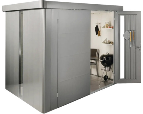 Armoire de jardin métallique avec portes coulissantes et porte ouverte avec barbecue et étagères