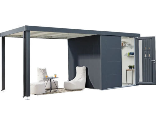 Modernes Gartenhaus mit Überdachung und Sitzgelegenheit
