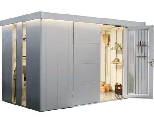 Abri de jardin moderne avec porte ouverte et intérieur