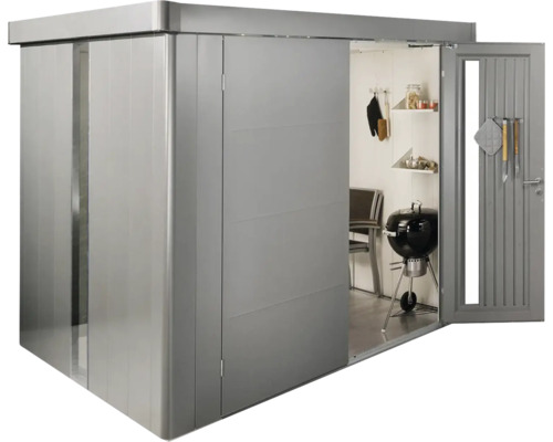 Abri de jardin moderne avec porte coulissante et porte ouverte avec barbecue à l''intérieur