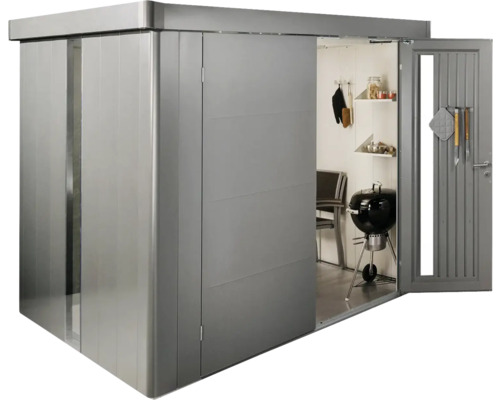 Abri de jardin métallique avec porte ouverte, barbecue et étagère à l''intérieur