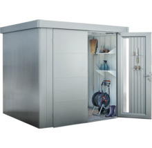 Armoire de jardin avec porte coulissante et porte ouverte avec outils, étagères et accessoires de jardin
