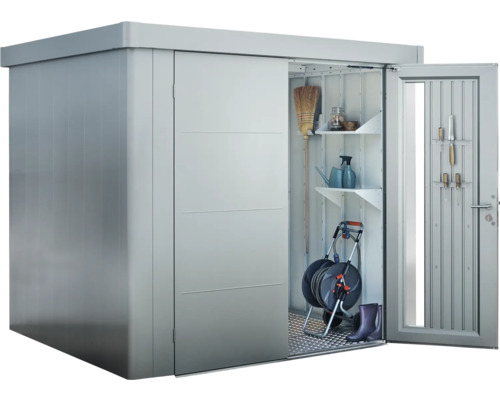 Armoire de jardin avec porte coulissante et porte ouverte avec outils, étagères et accessoires de jardin