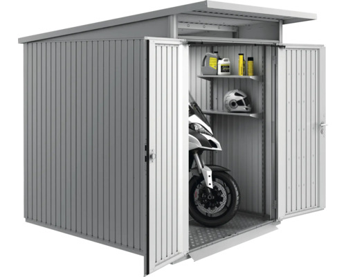 Metall Gerätehaus mit geöffneten Türen, Motorrad und Regalen