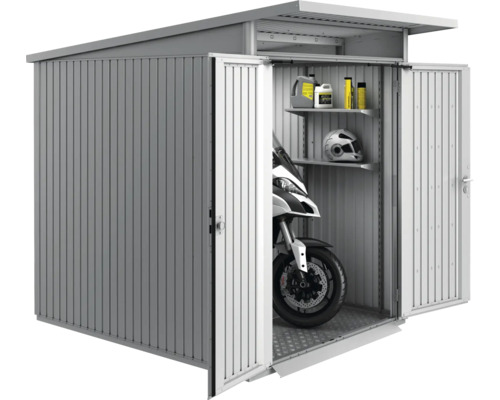 Abri de jardin en métal avec portes ouvertes, moto et étagères