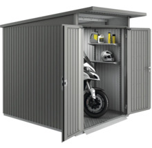 Abri de jardin métallique avec moto, étagères et accessoires
