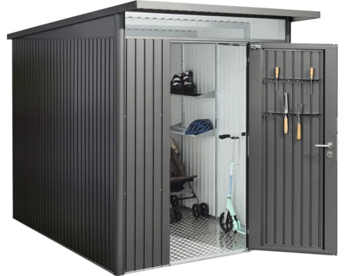 Abri de jardin métallique avec porte ouverte et outils de jardin