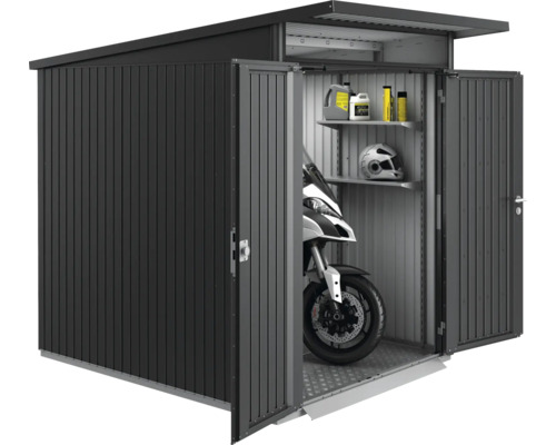 Metallgerätehaus mit Motorrad, Regalen und Zubehör