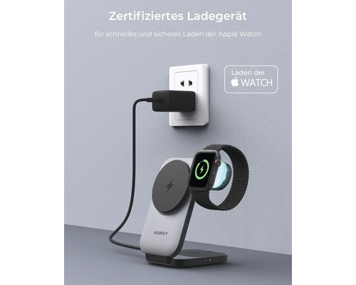 Aukey Ladestation mit Apple Watch und Netzteil