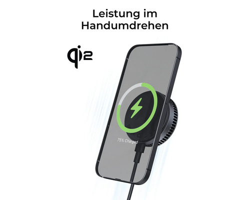 Téléphone sur chargeur sans fil avec logo Qi2