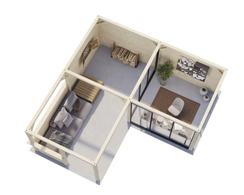 Vue en coupe d''une maison en bois clair avec salon et bureau