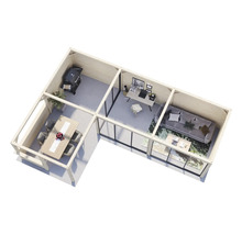 Représentation d''une maison de jardin avec espace barbecue, salle à manger, bureau et salon