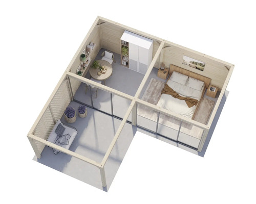 Vue intérieure d''un abri de jardin avec chambre, salon et salle à manger