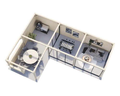Vue de dessus d''une maison de jardin en bois avec coin repas, barbecue, baby-foot et coin salon