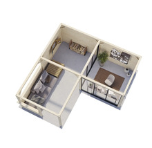 Maison de jardin en bois avec aménagement intérieur en vue plongeante