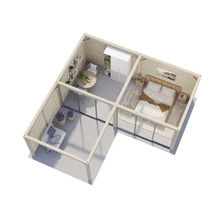 Vue intérieure d''une maison en bois avec chambre, salon et terrasse