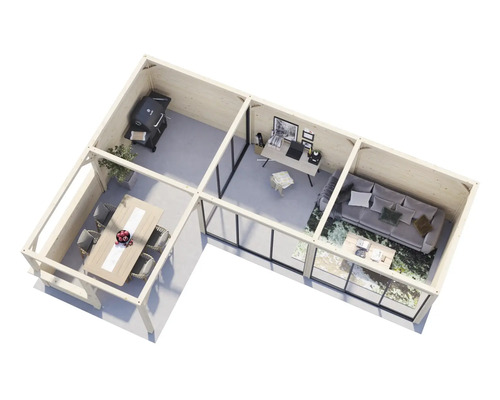 Vue de dessus d''une maison de jardin avec espace barbecue, coin repas, bureau et salon