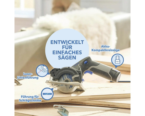Scie circulaire compacte sans fil avec guidage laser et guide pour coupes en biseau