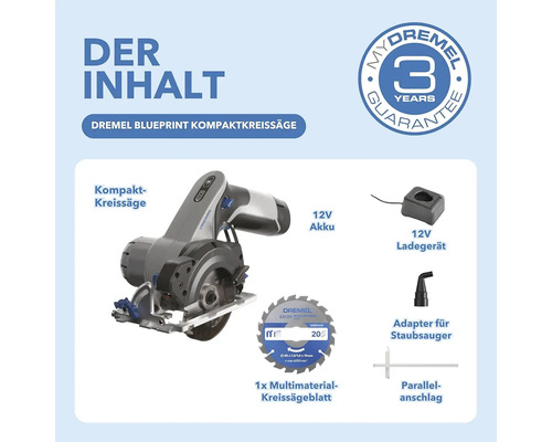 Ensemble de scie circulaire compacte Dremel Blueprint avec scie circulaire, batterie 12 V, chargeur, lame de scie circulaire multi-matériaux, adaptateur pour aspirateur et butée parallèle