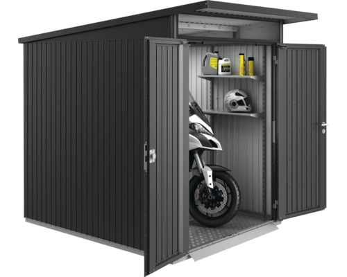 Abri de jardin spacieux avec moto, étagères et accessoires