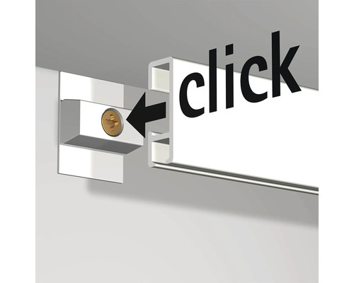 Darstellung der Montage einer Gardinenschiene per Klick-System.