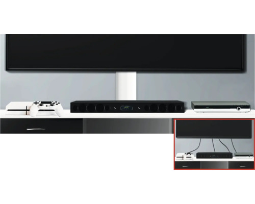 Une scène de salon moderne avec un téléviseur, une console de jeu, un système audio et un lecteur Blu-ray sur un meuble multimédia élégant.