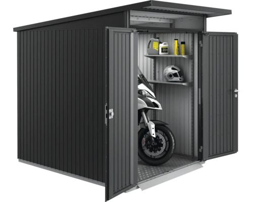 Abri de jardin en métal avec moto, étagères, huiles et casque