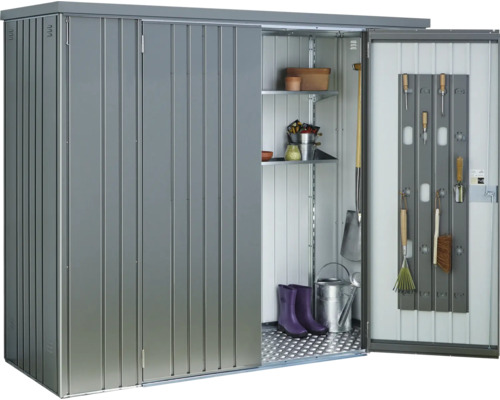 Armoire de jardin en métal ouverte avec étagères et outils de jardinage