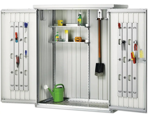Armoire à outils ouverte avec outils et accessoires de jardinage